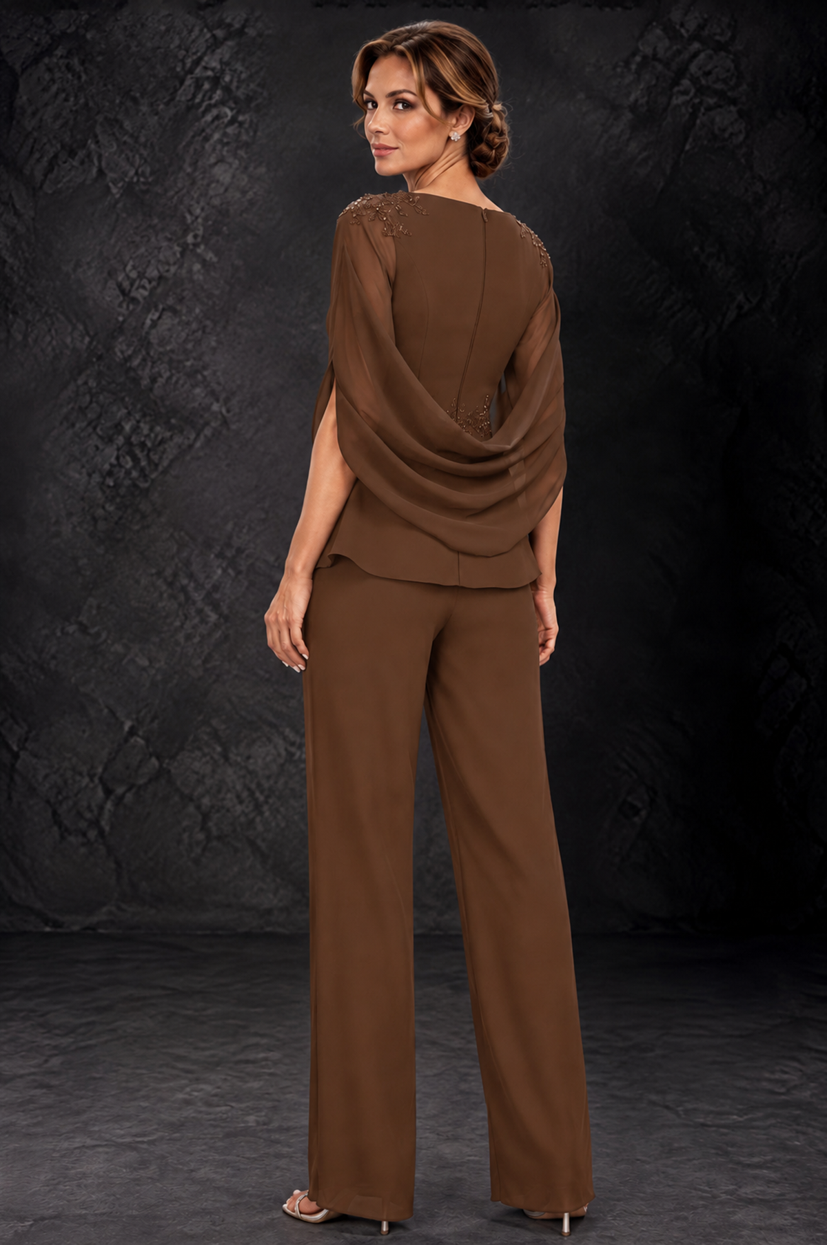 BOLODOO Brown Embellished Cape Sleeve Mother of the Bride Pantsuit - Brown - Brown_2