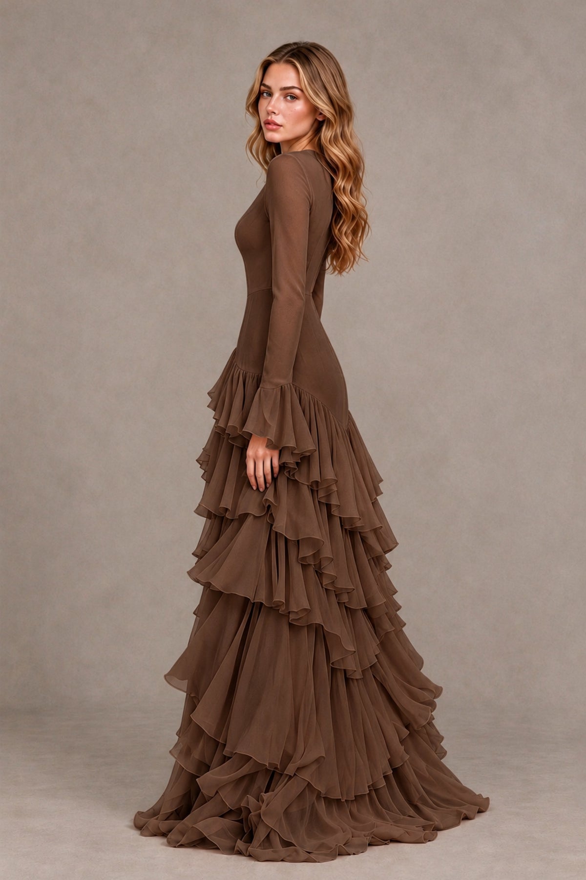 Brown Long Sleeve Tiered Ruffle Evening Gown - Brown - Brown_2