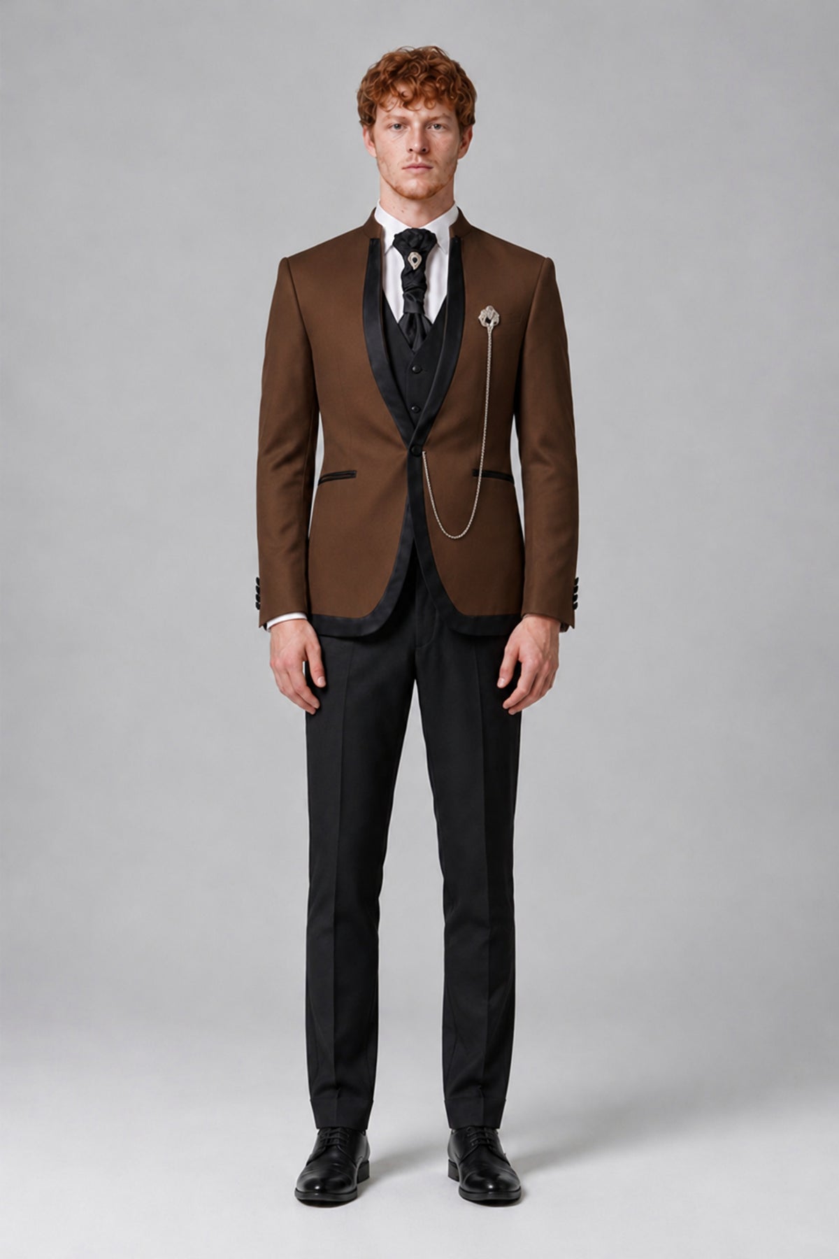 Bolodoo Men's Brown 3-Piece Shawl Lapel Tuxedo Suit with Vest - Brown - Brown_2