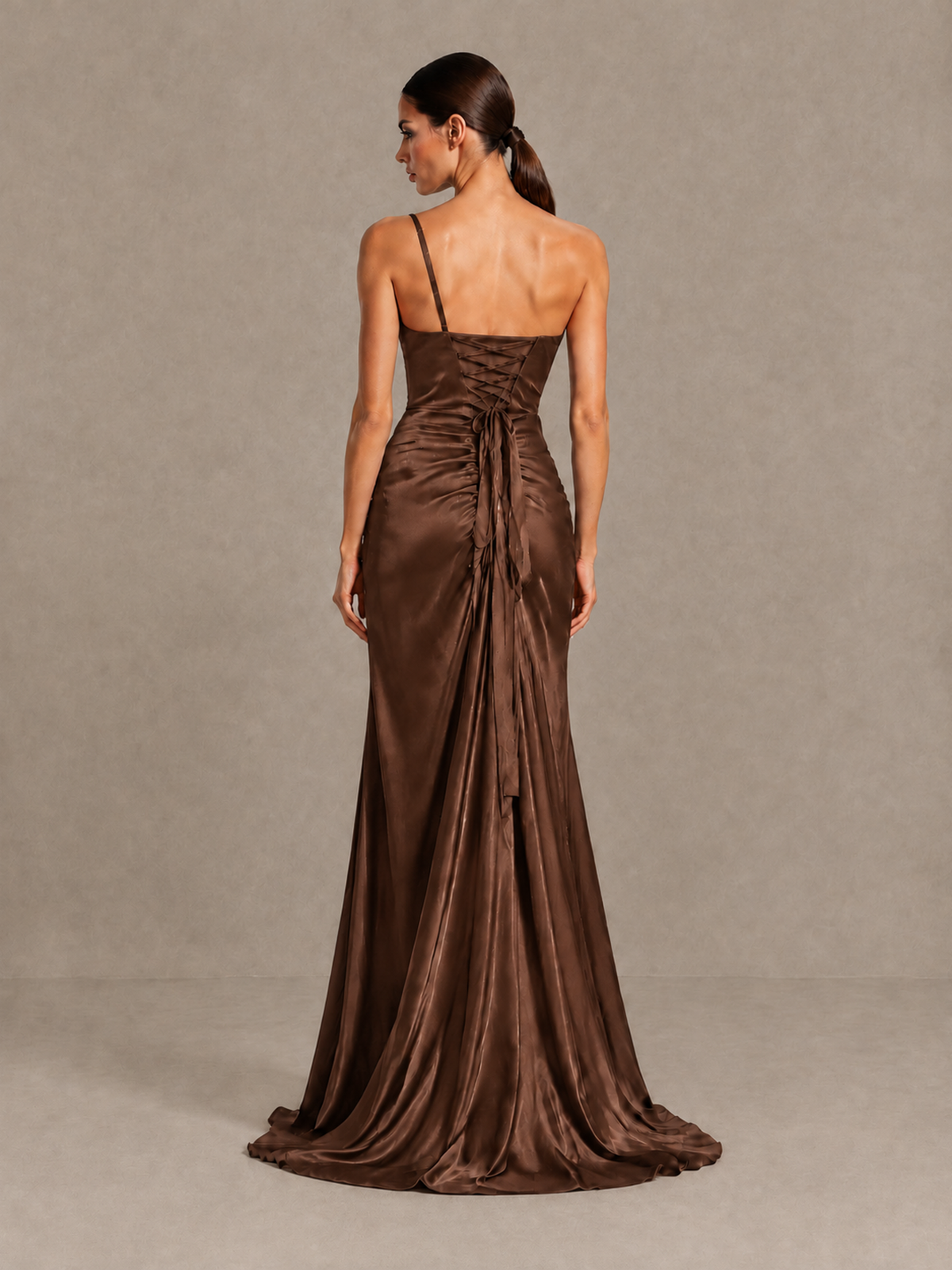 BOLODOO Brown One Shoulder Satin Evening Gown with High Slit and Sweep Train - Brown - Brown_2