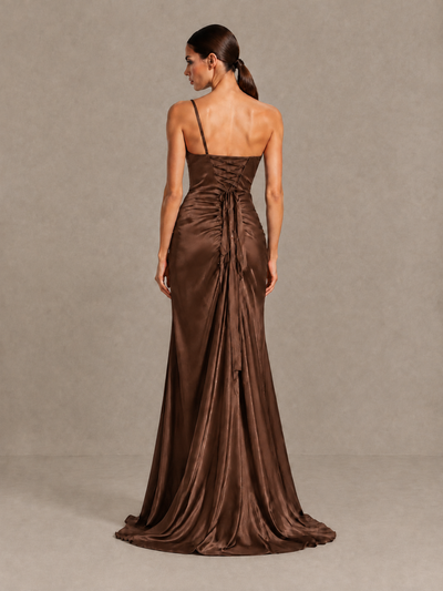 BOLODOO Brown One Shoulder Satin Evening Gown with High Slit and Sweep Train - Brown - Brown_2