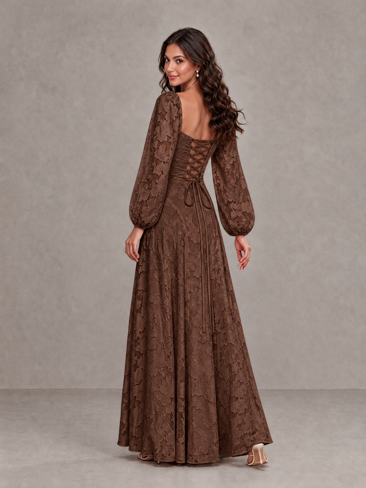 BOLODOO Brown Floral Long Sleeve A-Line Bridesmaid Dress - Brown - Brown_2
