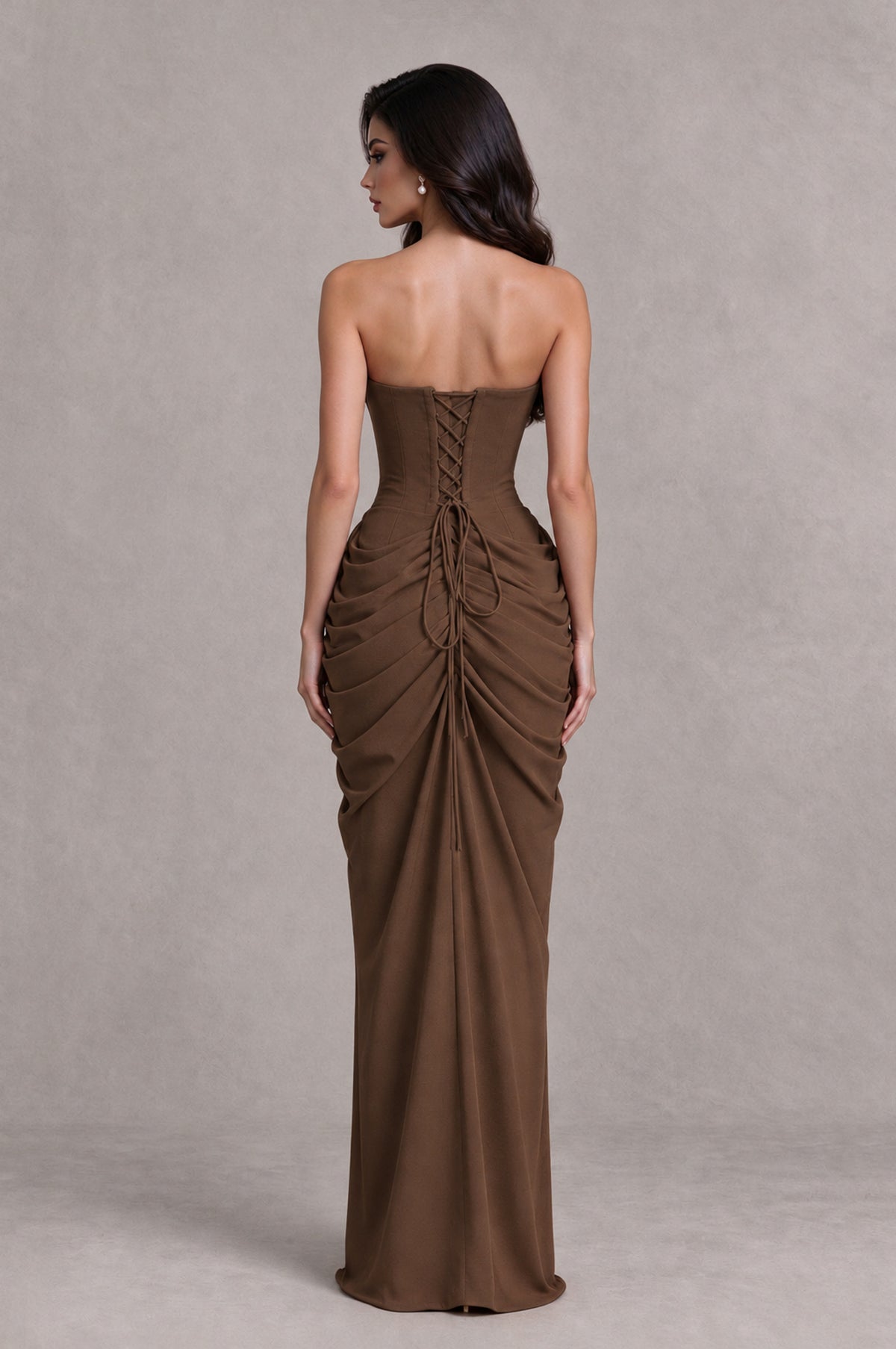 BOLODOO Brown Strapless Ruched Corset Evening Gown - Brown - Brown_2