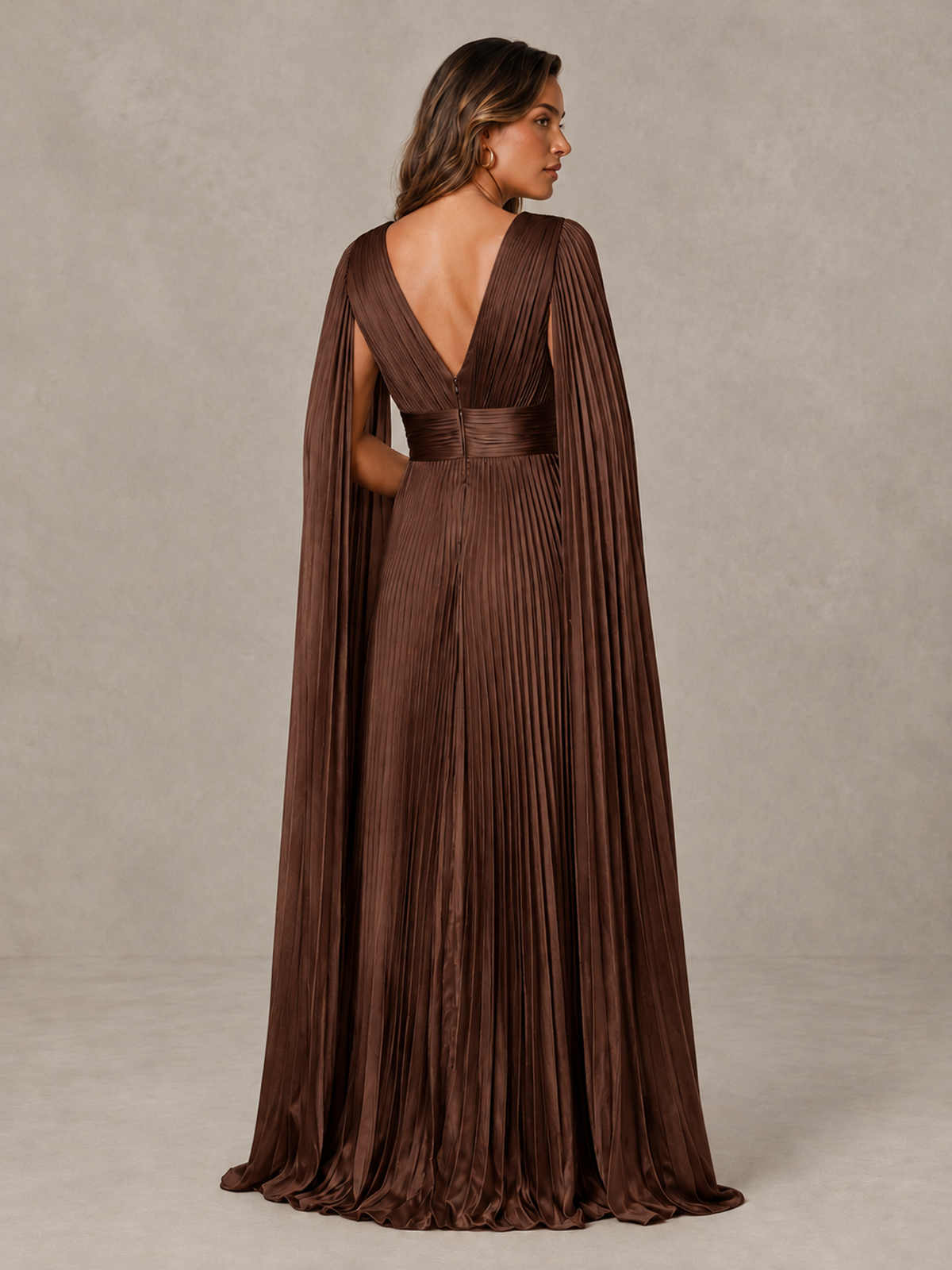 BOLODOO Brown Deep V-Neck Pleated Cape Sleeve Evening Gown - Brown - Brown_2