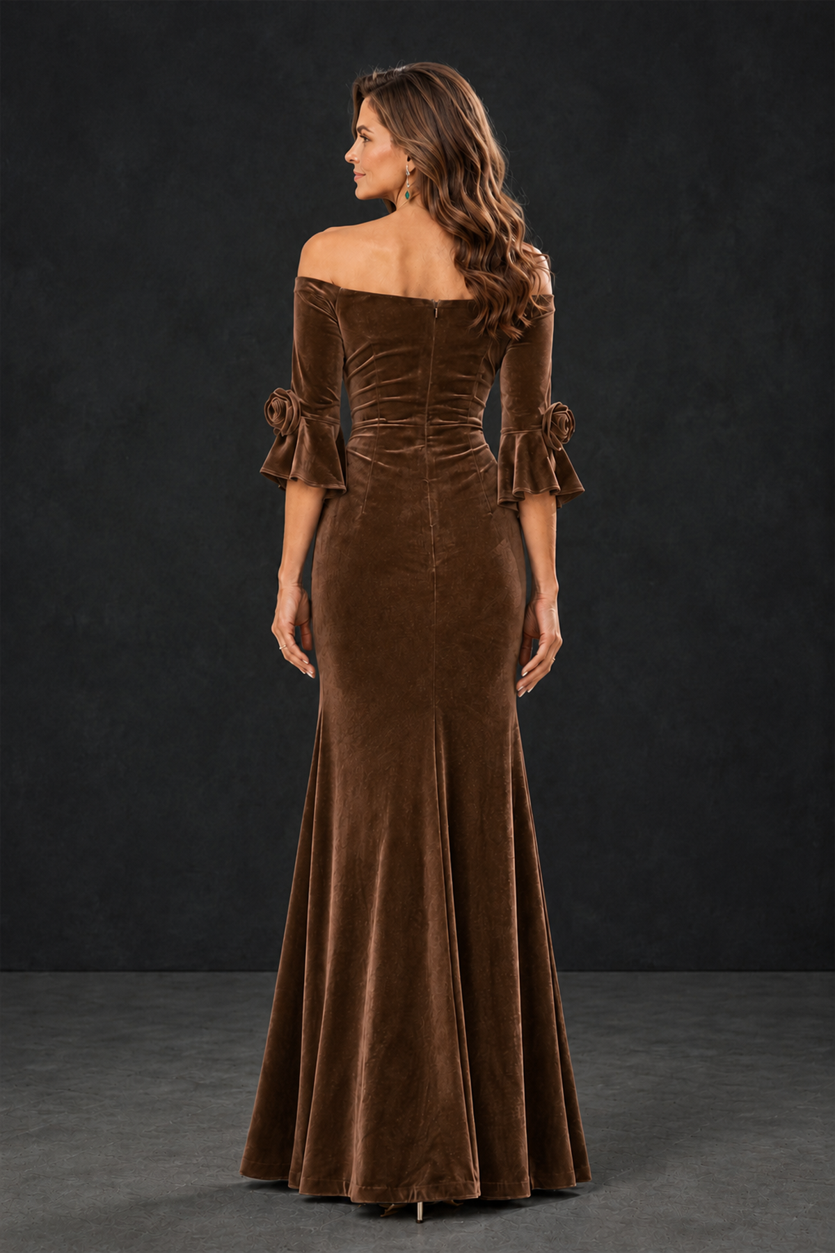 BOLODOO Brown Velvet Mother of the Bride Dress with Rosette Sleeves - Brown - Brown_2