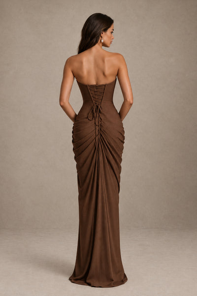 BOLODOO Strapless Draped Maxi Dress - Brown Backless Evening Gown with High Slit - Brown - Brown_2