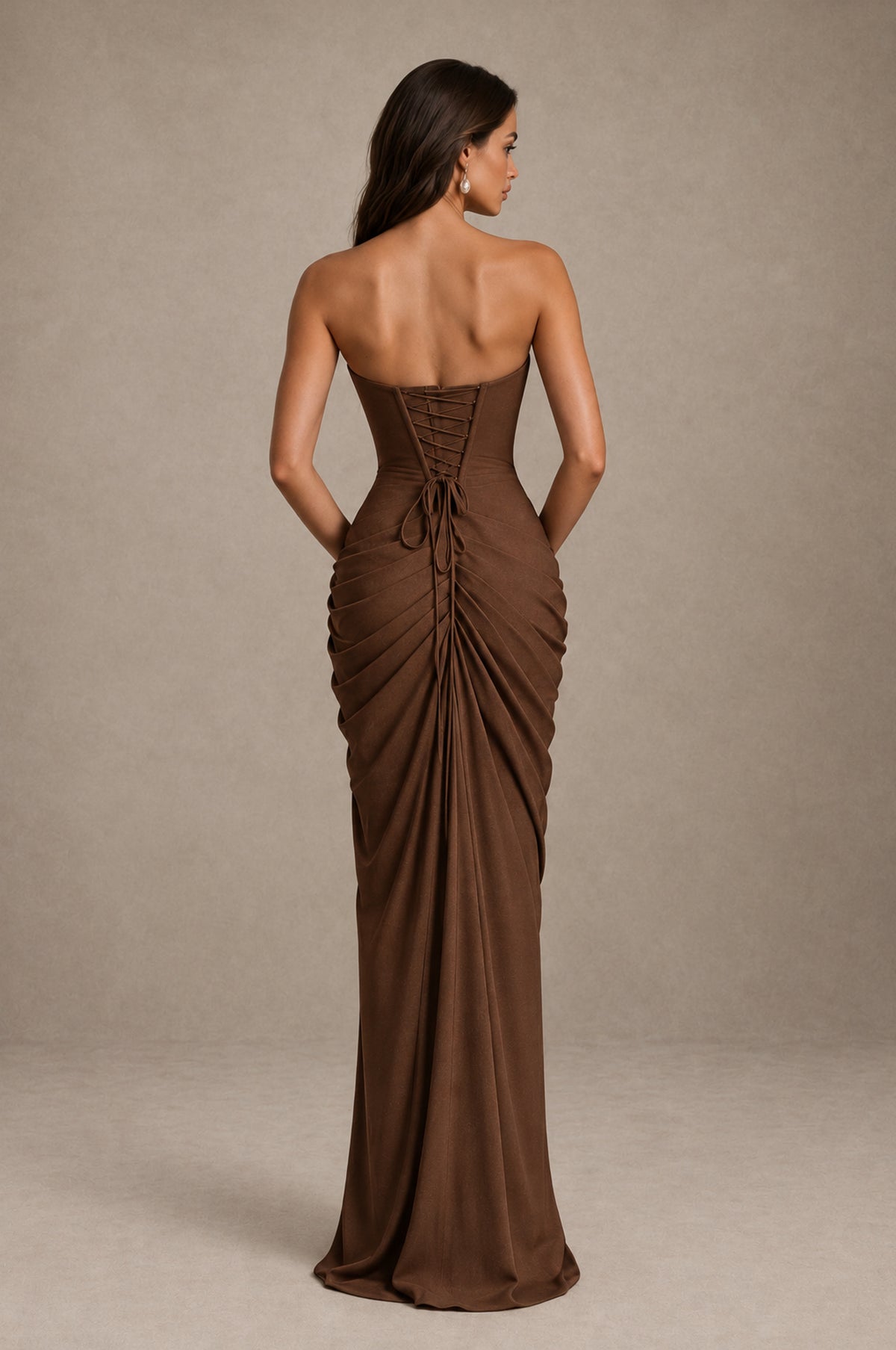 BOLODOO Strapless Draped Maxi Dress - Brown Backless Evening Gown with High Slit - Brown - Brown_2