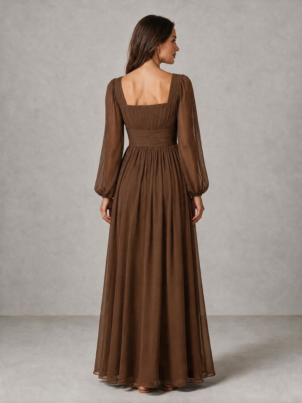 BOLODOO Brown Square Neck Long Sleeve Chiffon Bridesmaid Dress - Brown - Brown_2