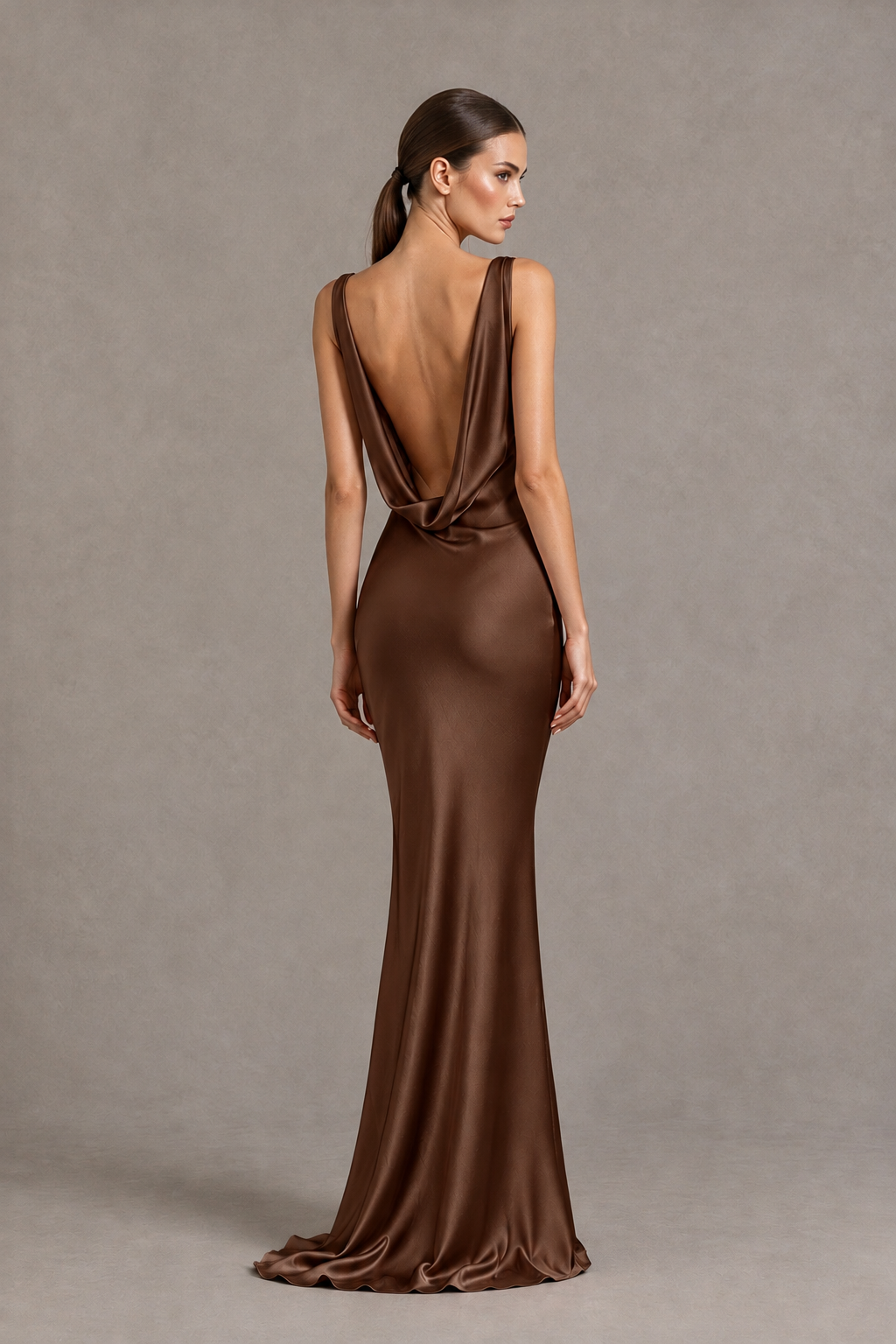 BOLODOO Brown Cowl Neck Backless Satin Mermaid Evening Dress - Brown - Brown_2