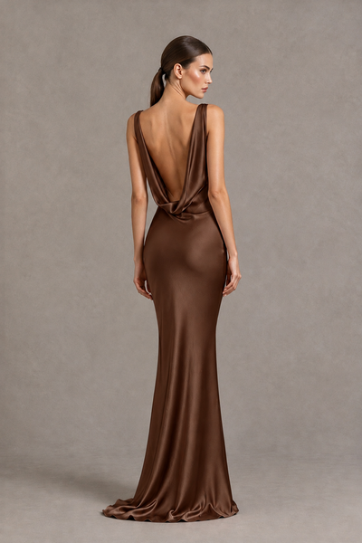 BOLODOO Brown Cowl Neck Backless Satin Mermaid Evening Dress - Brown - Brown_2
