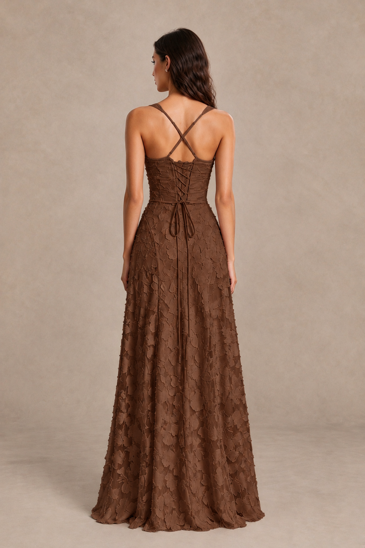 BOLODOO Brown Floral-Textured A-Line Dress with Lace-Up Back - Brown - Brown_2