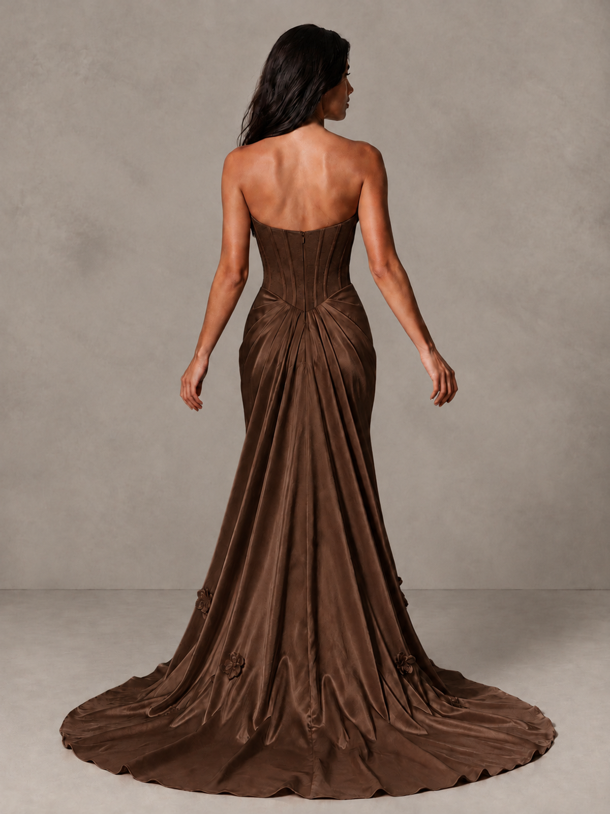 BOLODOO Brown Strapless Floral Corset Evening Gown with Train - Brown - Brown_2