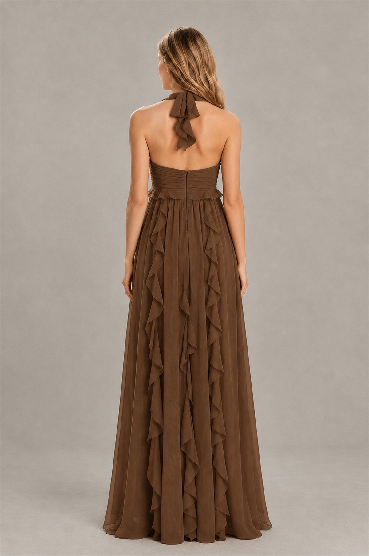 BOLODOO Brown Halter Ruffle A-Line Floor-Length Evening Dress - Brown - Brown_2