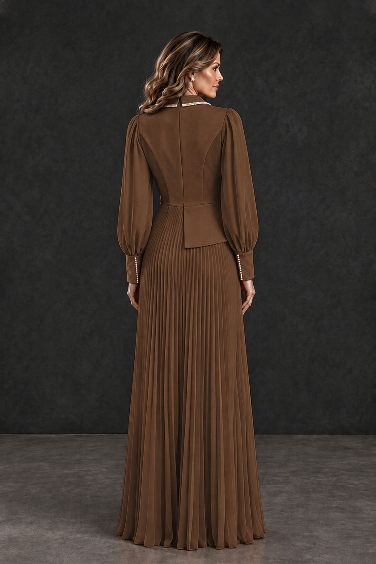 BOLODOO Brown Long Sleeve Pleated Mother of the Bride Dress - Brown - Brown_2