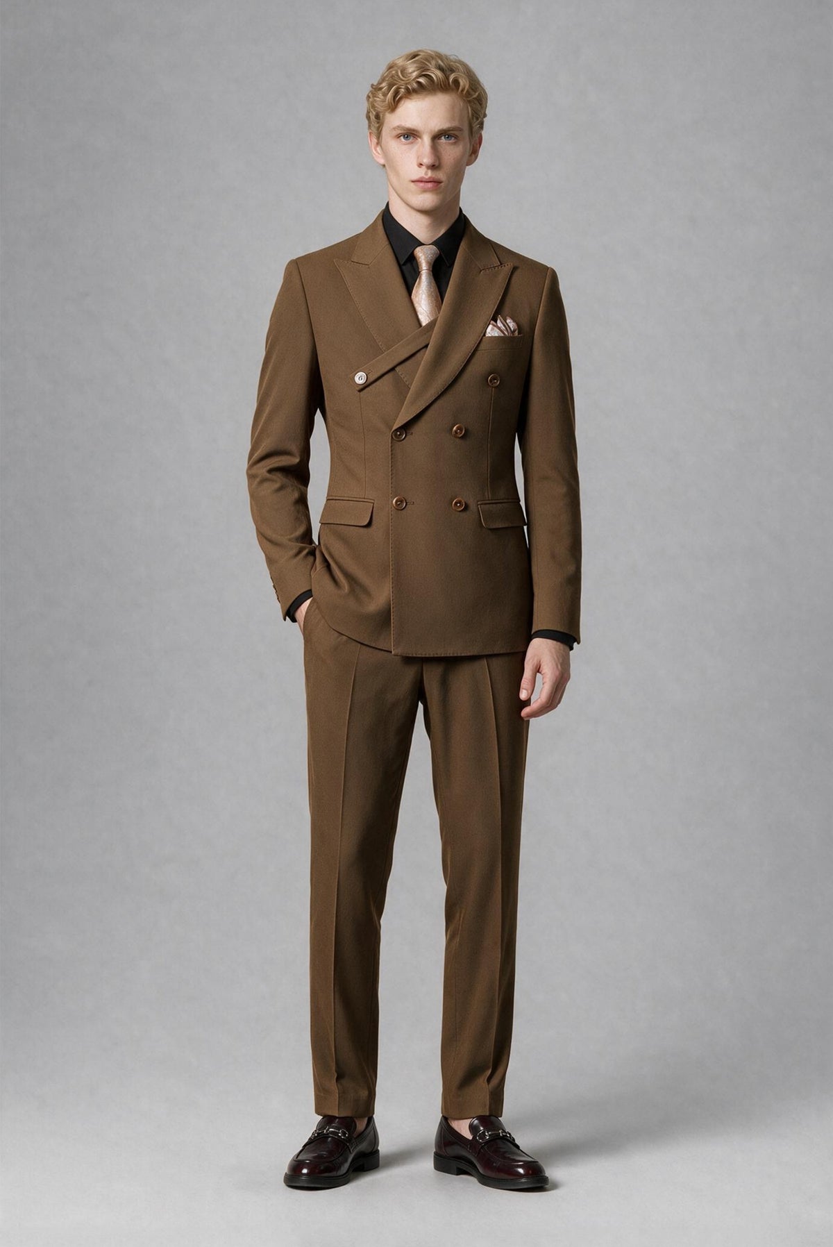 BOLODOO Men's Brown Double-Breasted Two-Piece Suit – Jacket & Trousers - Brown