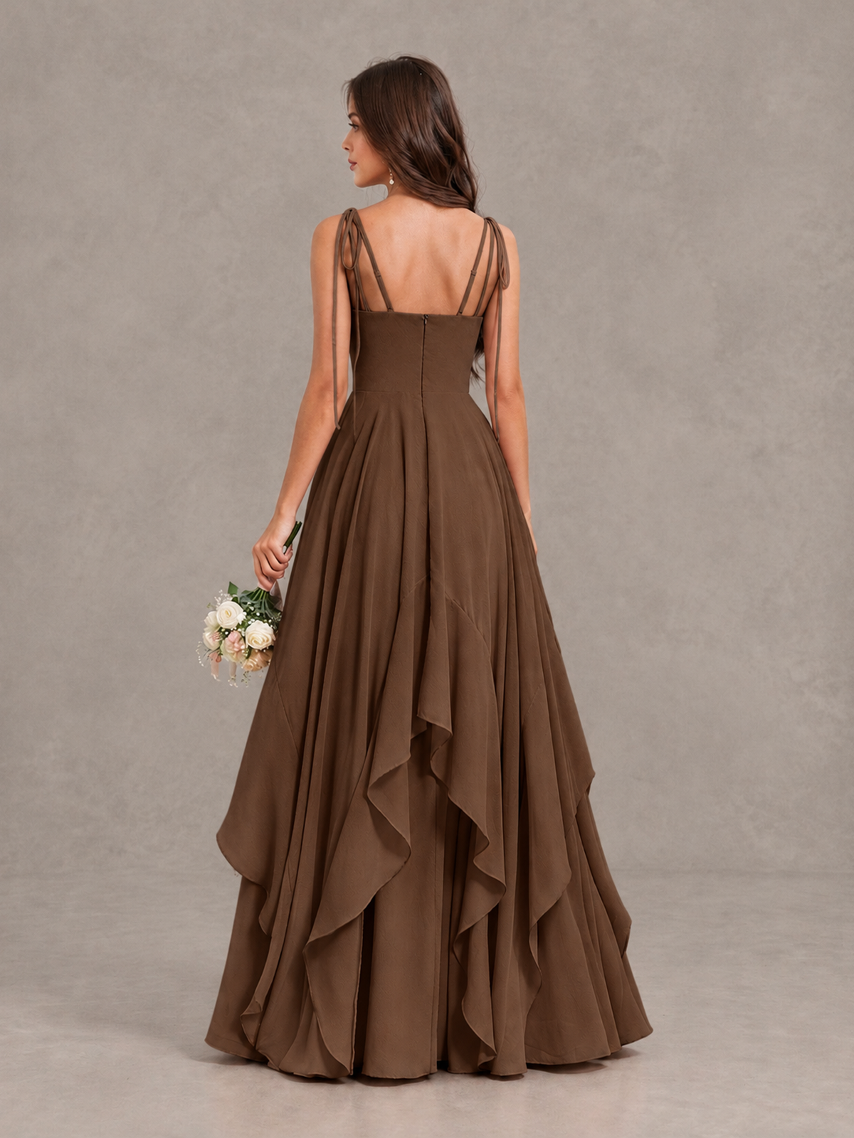 BOLODOO Brown Tie-Strap Ruffle A-Line Bridesmaid Dress - Brown - Brown_2