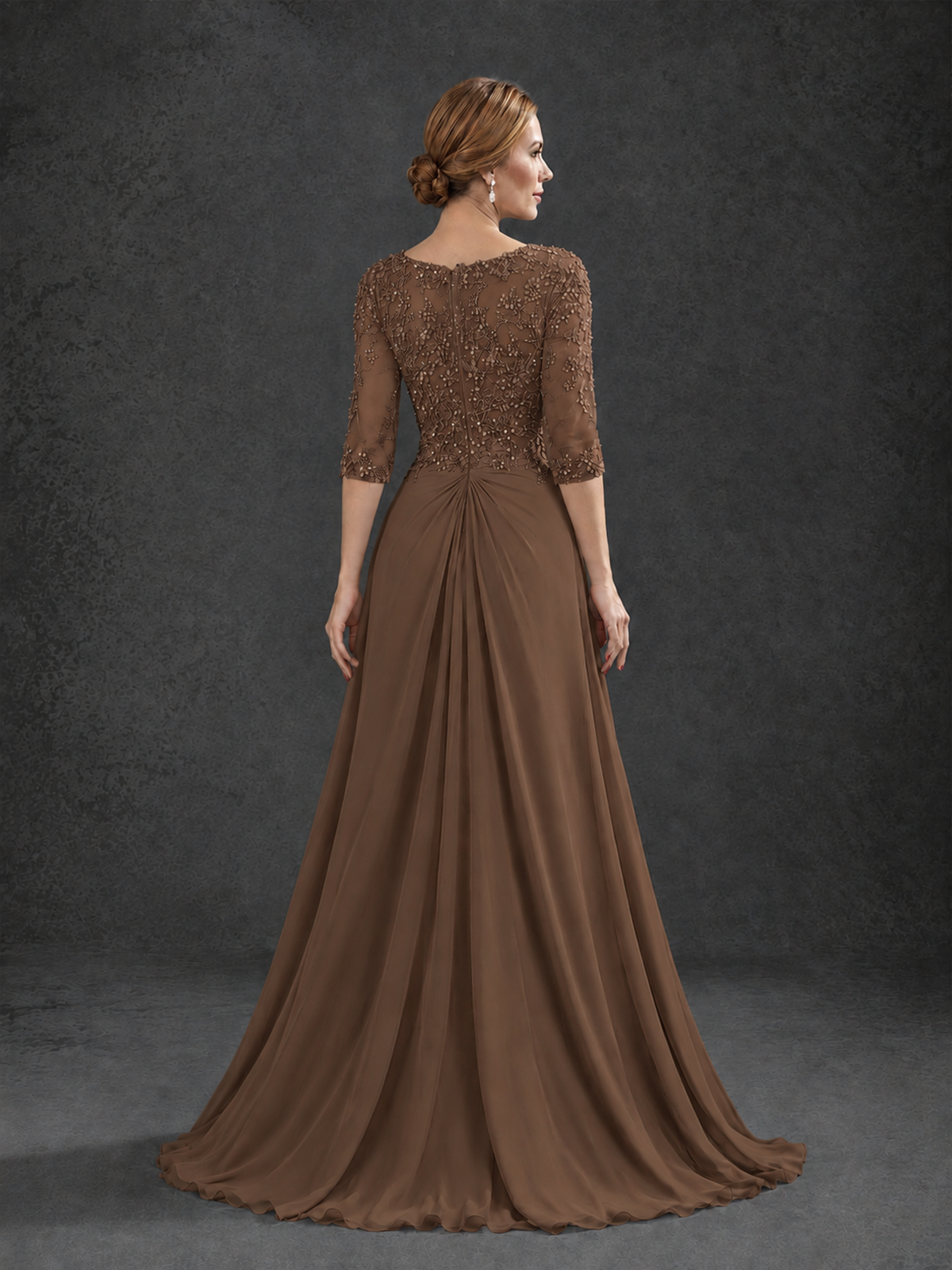 BOLODOO Brown Sweetheart Neck 3/4 Sleeve Floral Lace Illusion Bodice Chiffon A-Line Gown - Brown - Brown_2