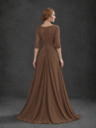 BOLODOO Brown Sweetheart Neck 3/4 Sleeve Floral Lace Illusion Bodice Chiffon A-Line Gown - Brown - Brown_2