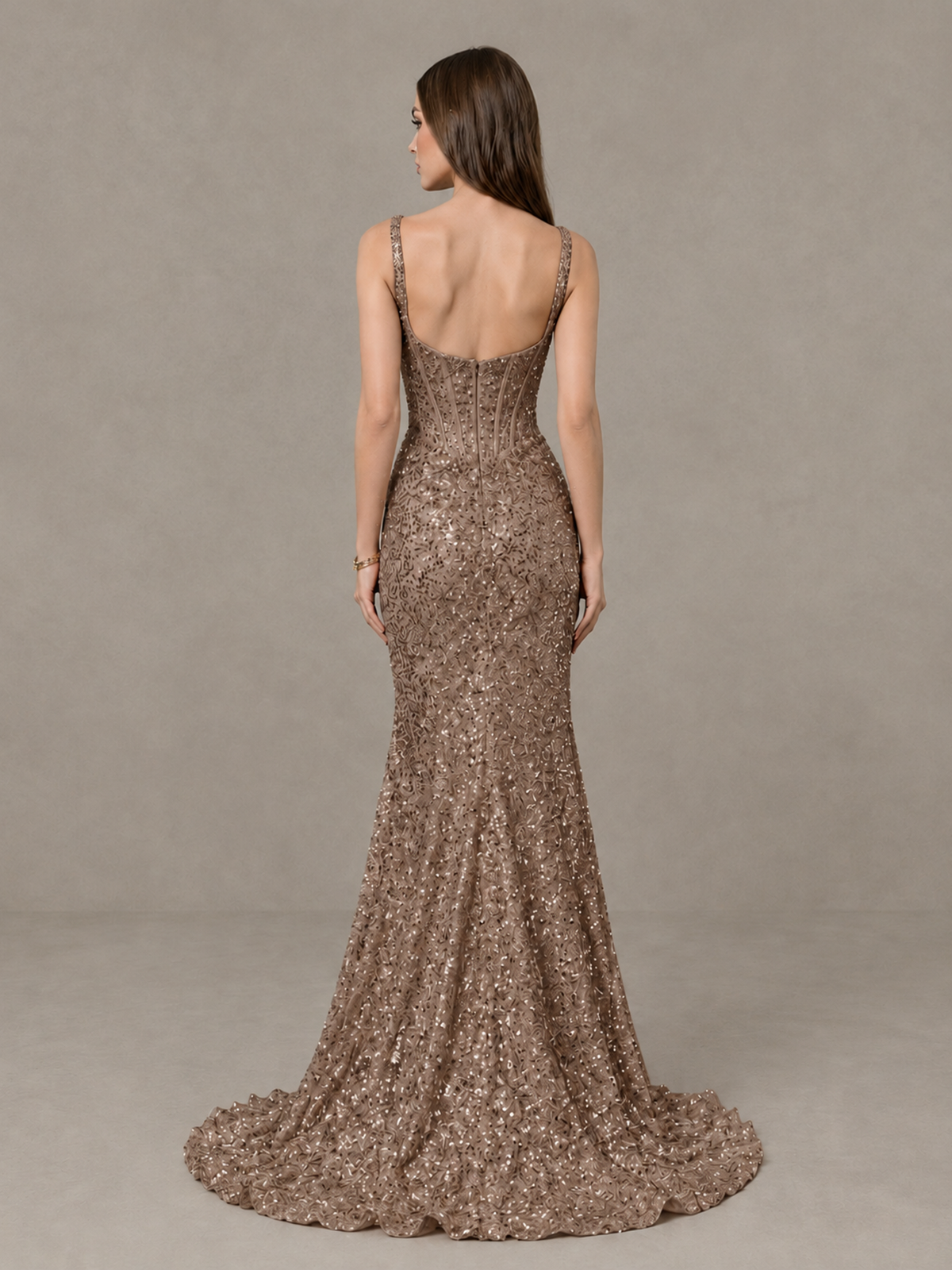 BOLODOO Brown Sequin Corset Evening Gown with High Slit - Brown - Brown_2