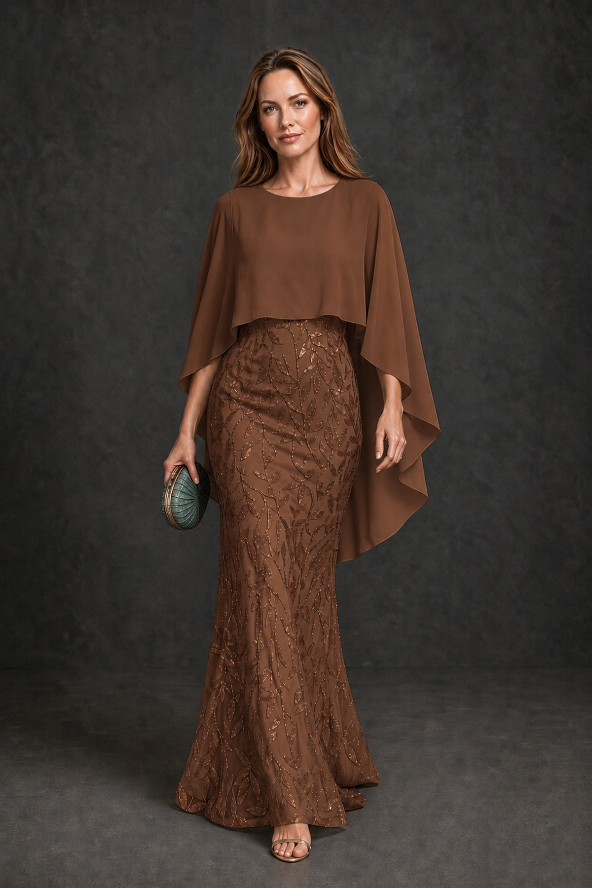 BOLODOO Brown Round Neck Chiffon Cape Overlay Sequin Lace Mermaid Maxi Dress - Brown - Brown_2