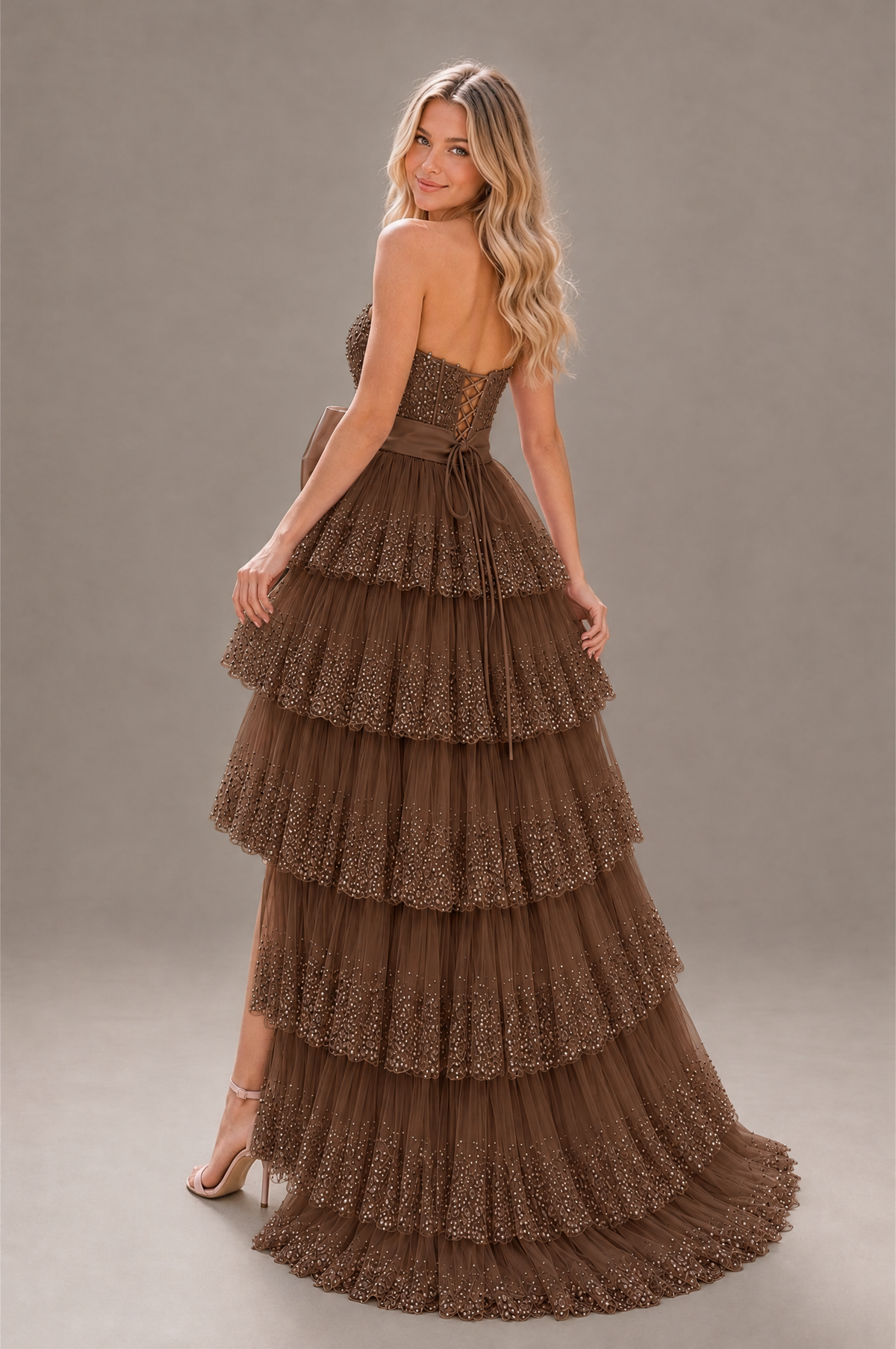BOLODOO Brown Strapless Tiered Tulle Prom Dress with Bow - Brown - Brown_2