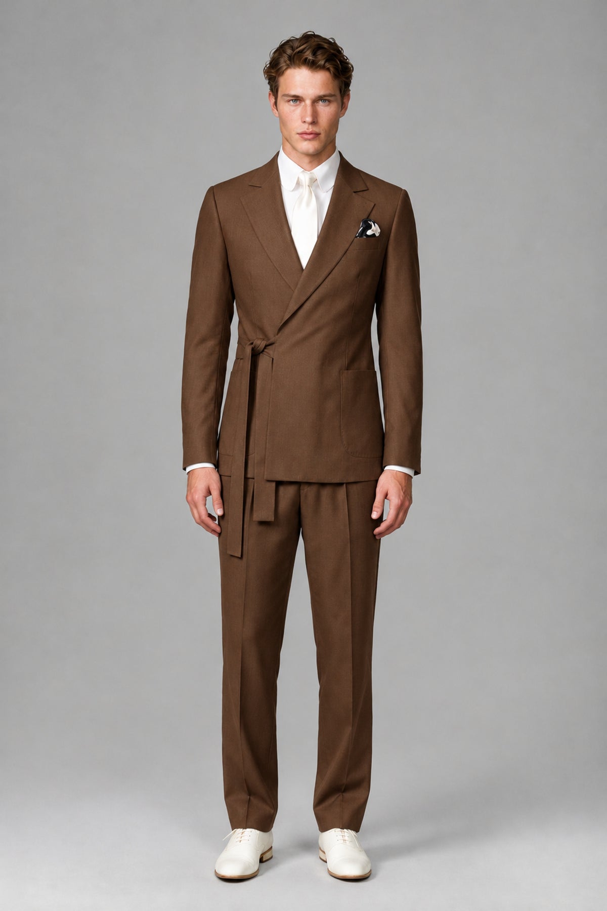 Bolodoo Men's Brown Wrap Tie-Waist Two-Piece Suit – Jacket & Trousers - Brown - Brown_2