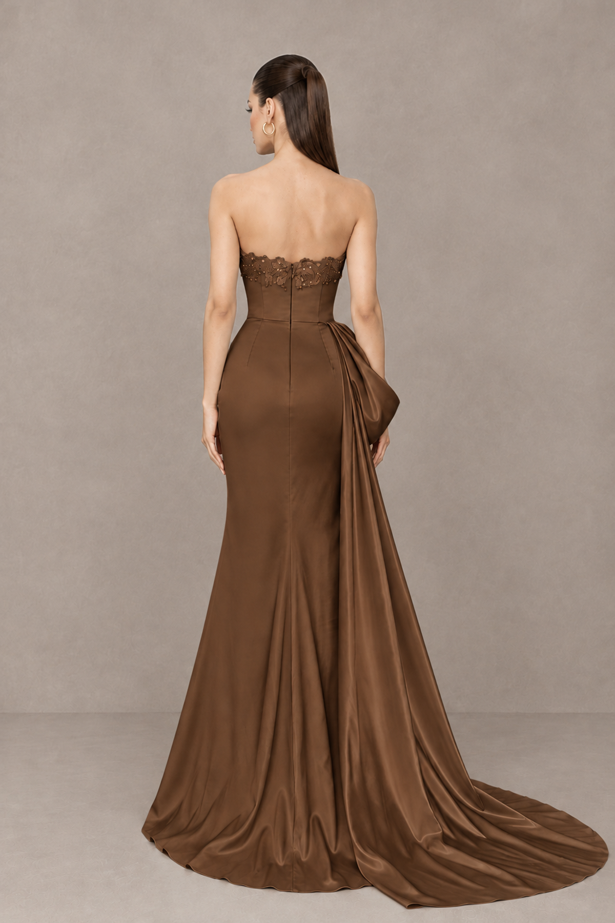 BOLODOO Brown Strapless Satin Prom Dress with Draped Side Train - Brown - Brown_2