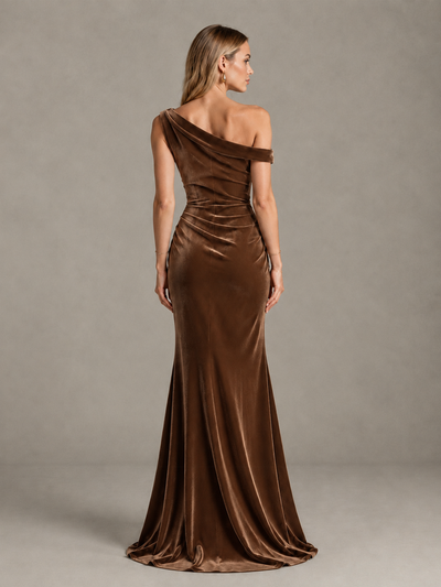 BOLODOO Brown One-Shoulder Velvet Mermaid Evening Gown - Brown - Brown_2