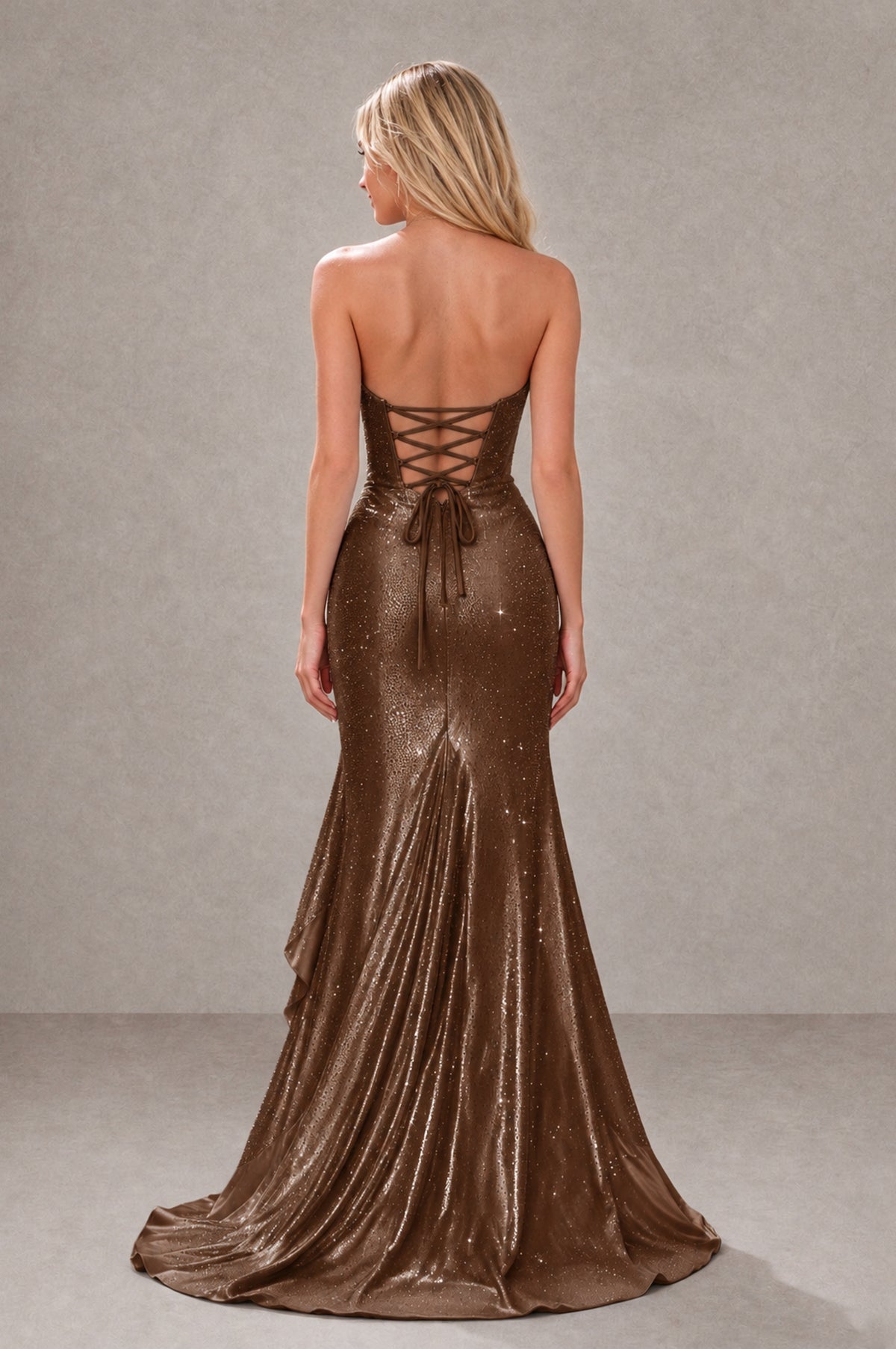 BOLODOO Brown Strapless Corset Mermaid Prom Dress with Ruffle Slit - Brown - Brown_2