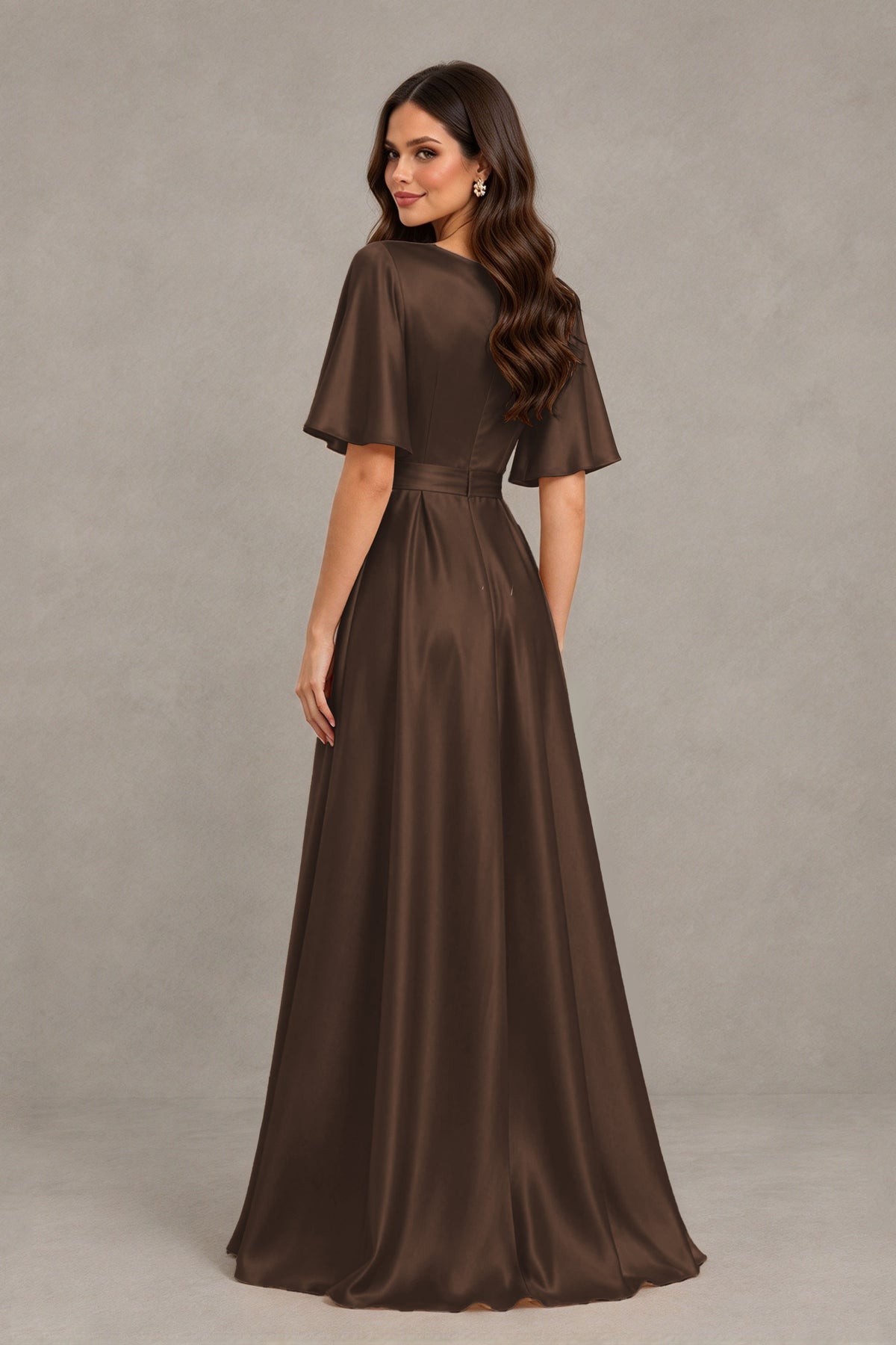 BOLODOO Brown Satin V-Neck Flutter Sleeve Bridesmaid Dress with Slit - Brown - Brown(2)