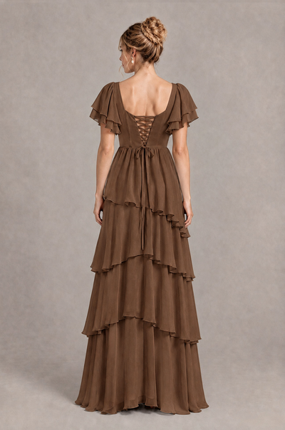 BOLODOO Brown Square Neck Flutter Sleeve Tiered Chiffon Bridesmaid Dress with Lace-Up Back - Brown - Brown_2