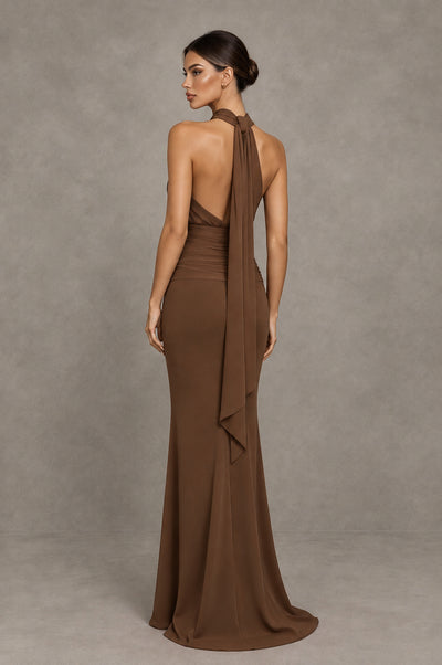 BOLODOO Brown Chiffon Halter Maxi Formal Wedding Guest Dress - Brown - Brown_2