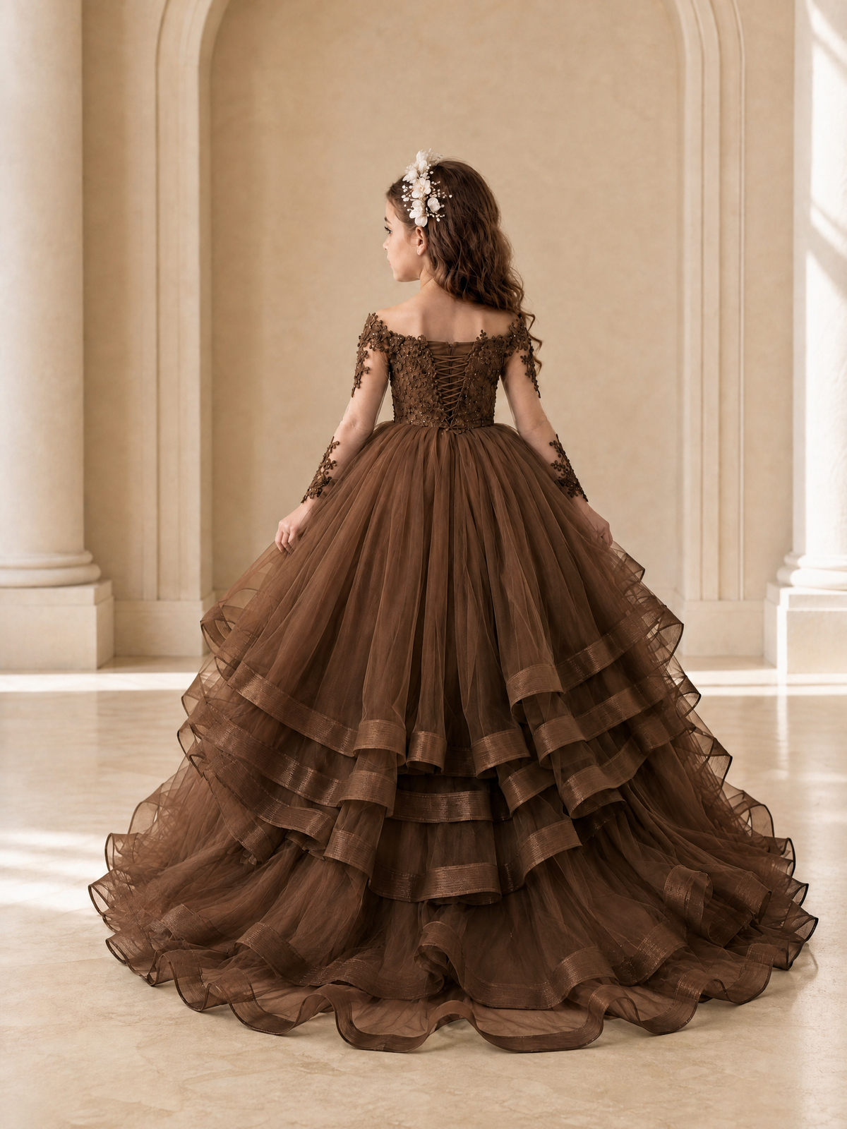 BOLODOO Brown Lace Long Sleeve Tiered Flower Girl Dress - Brown - Brown_2
