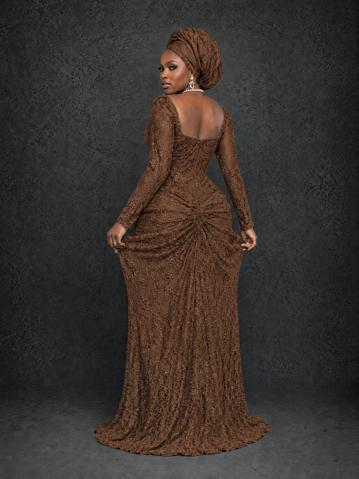 BOLODOO Brown Beaded Lace Long Sleeve Mermaid Gown Sweetheart | Mother of the Bride - Brown - Brown_2