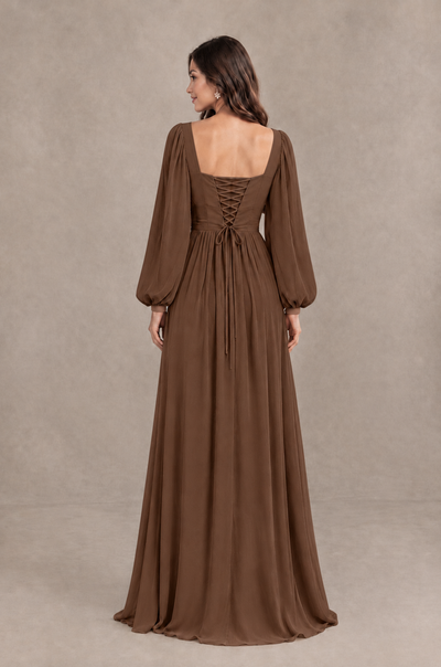 BOLODOO Brown Long Sleeve V-Neck A-Line Bridesmaid Dress - Brown - Brown_2