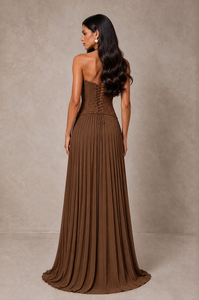 BOLODOO Brown Halter Corset Pleated A-Line Evening Dress - Brown - Brown_2