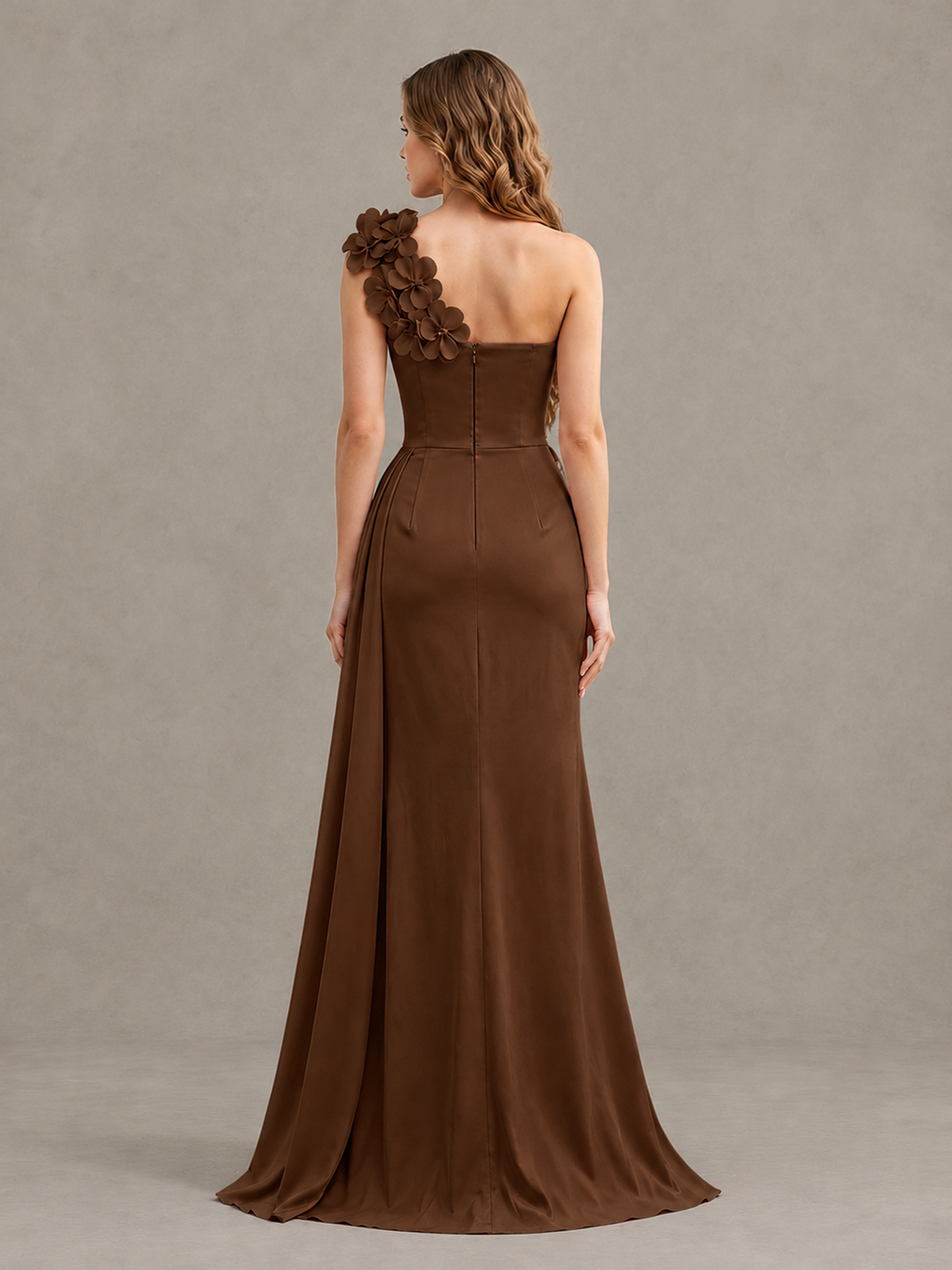 BOLODOO Brown One-Shoulder Satin Mermaid Evening Gown with 3D Floral Appliqué - Brown - Brown_2