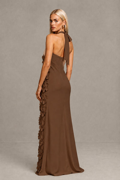 BOLODOO Brown Cross Halter Neck 3D Floral Appliqué Backless Mermaid Maxi Gown - Brown - Brown_2