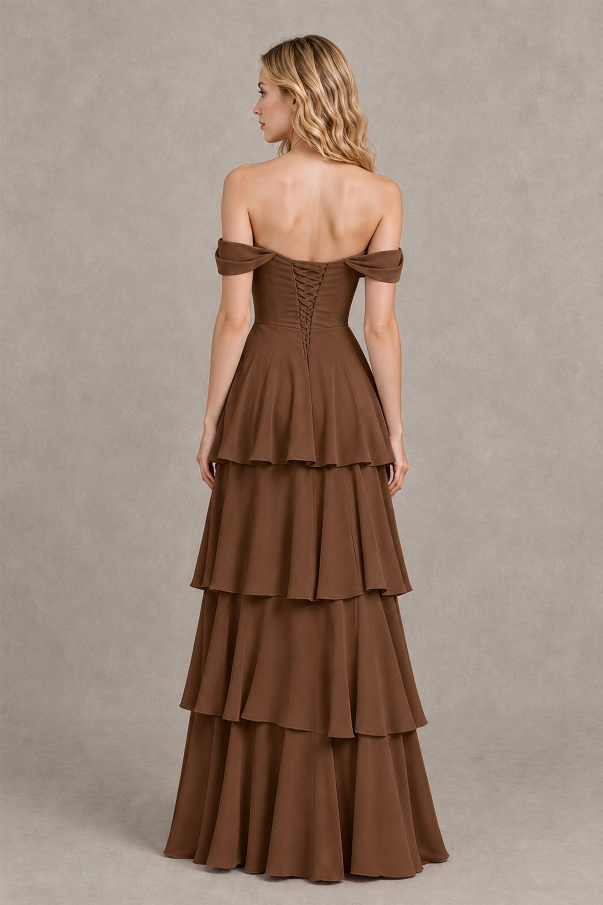 BOLODOO Brown Off-the-Shoulder Tiered A-Line Evening Bridesmaid Dress - Brown - Brown_2