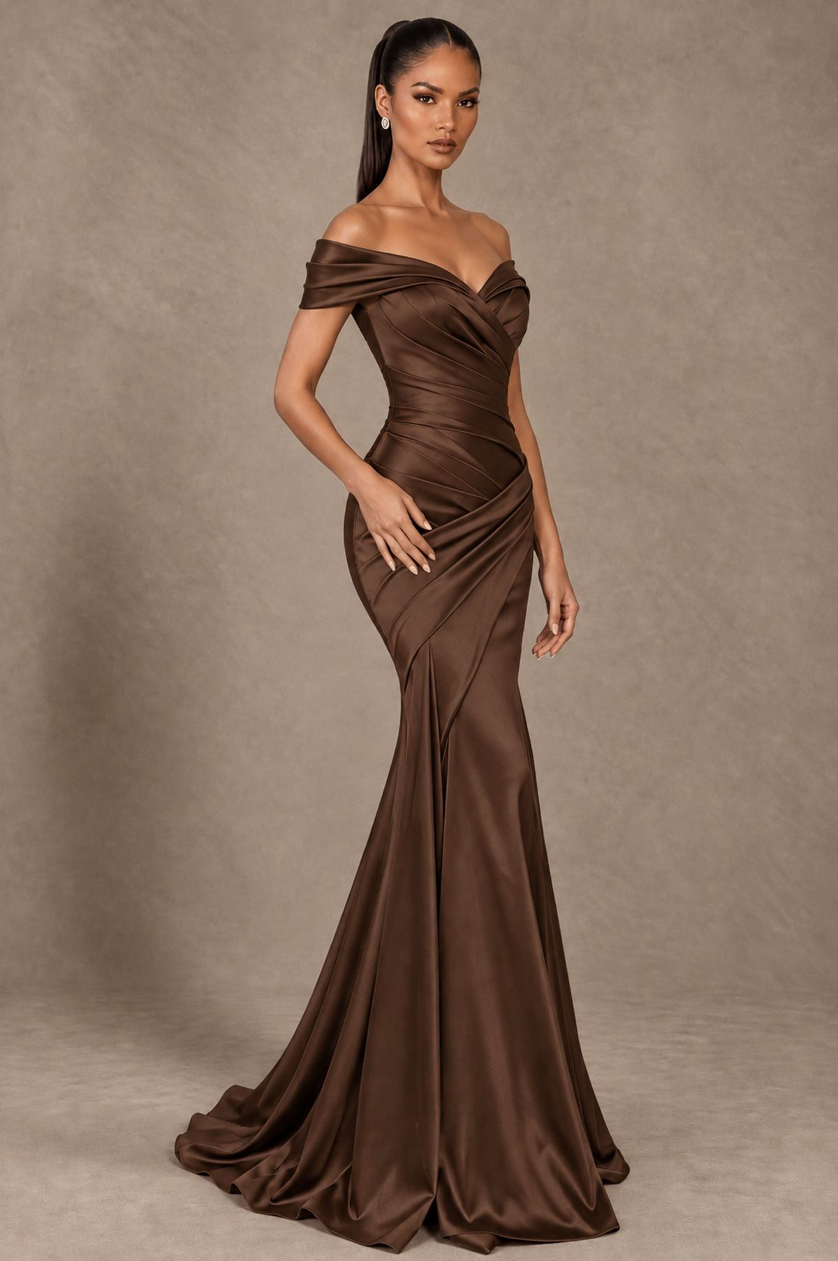 BOLODOO Brown Off-the-Shoulder Ruched Satin Mermaid Evening Dress - Brown - Brown_2