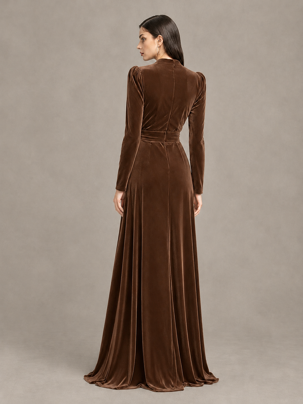 BOLODOO Brown Long Sleeve Velvet-Look Evening Dress with High Slit - Brown - Brown_2