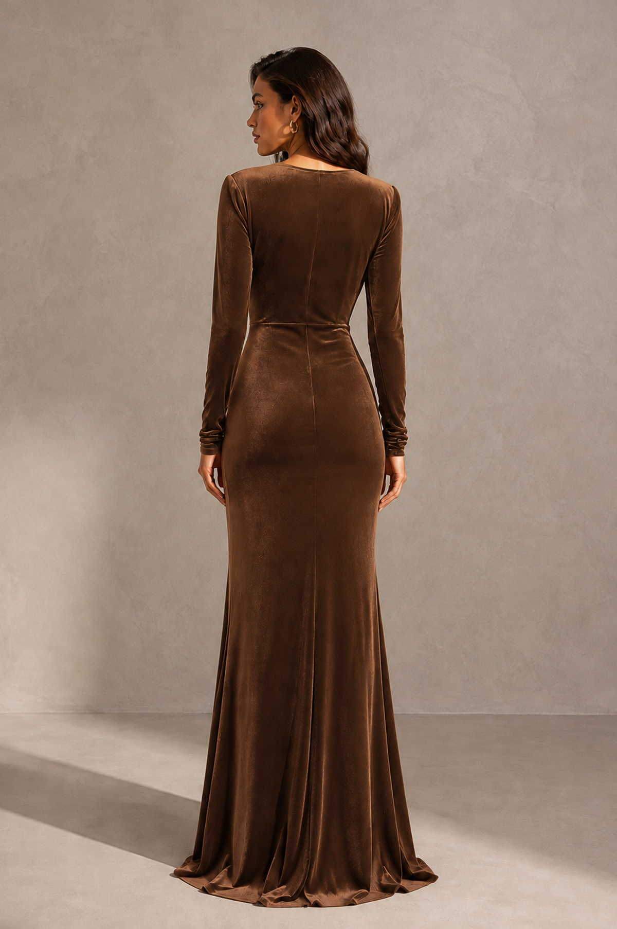 BOLODOO Brown Velvet Long Sleeve V-Neck Ruched Evening Gown - Brown