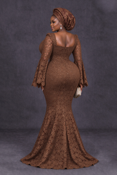 BOLODOO Brown African Lace Mermaid Dress, Plus Size Nigerian Wedding Guest Gown with Bell Sleeves - Brown - Brown_2