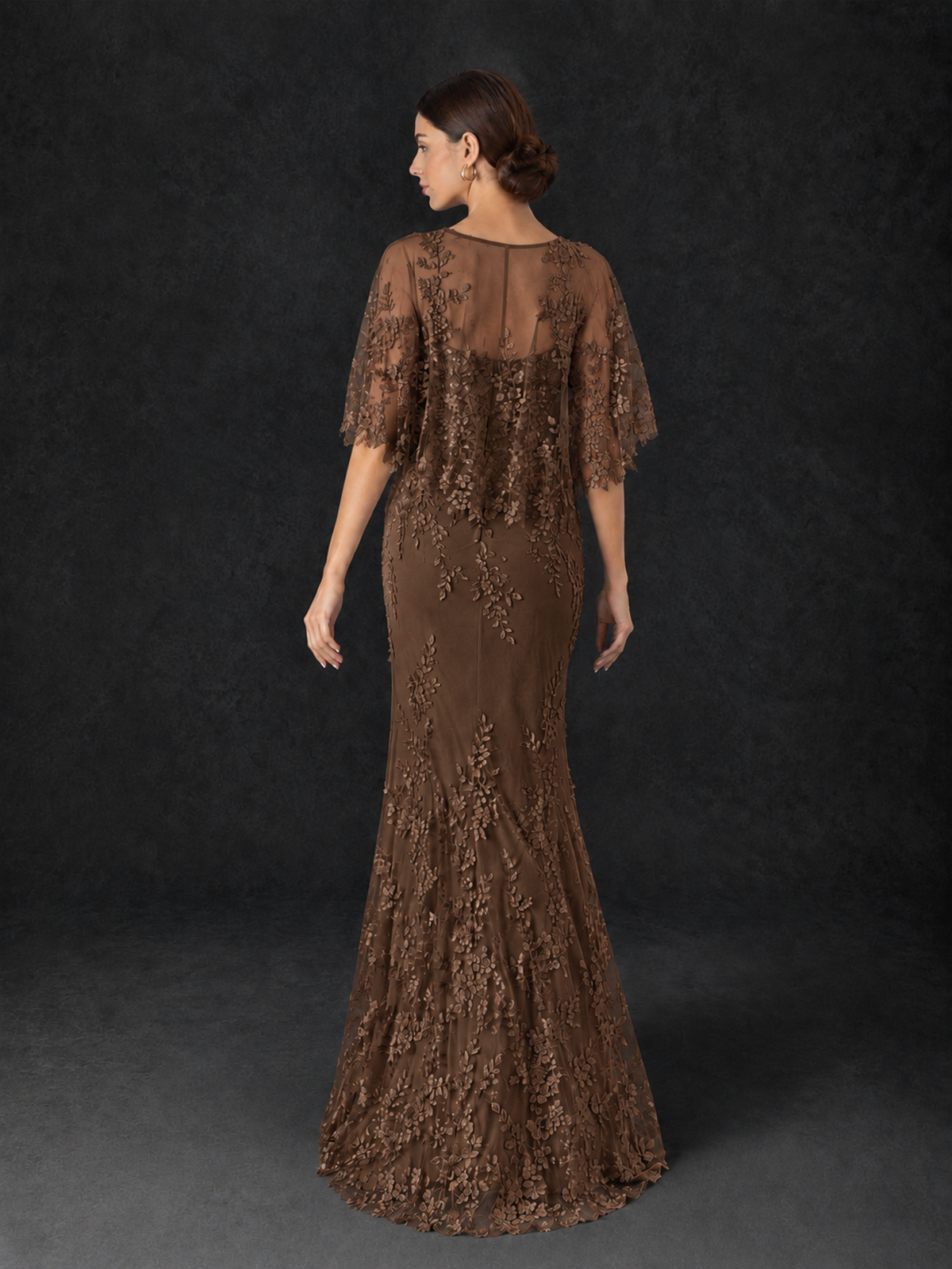 BOLODOO Brown Botanical Lace Flutter Sleeve Mermaid Gown - Brown - Brown_2