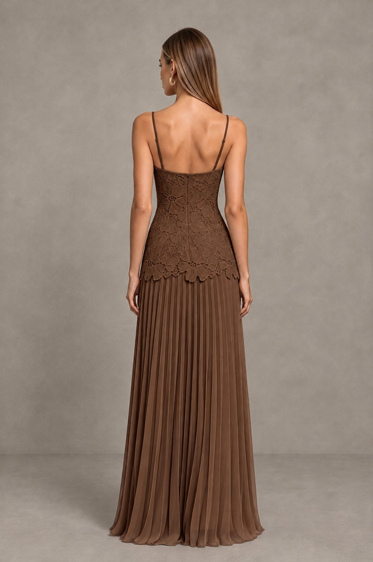 BOLODOO Brown Lace Bodice Pleated Wedding Guest Dress - Brown - Brown_2