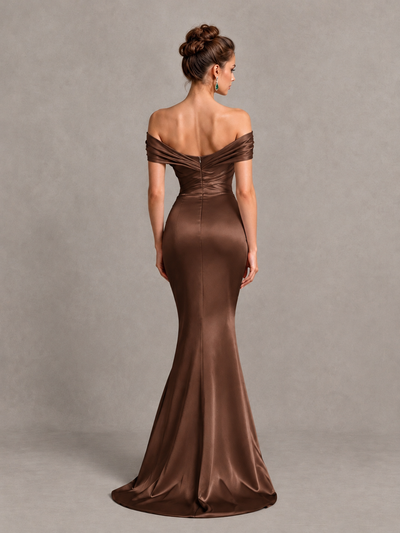 BOLODOO Brown Off-Shoulder Satin Mermaid Prom Dress - Brown - Brown_2