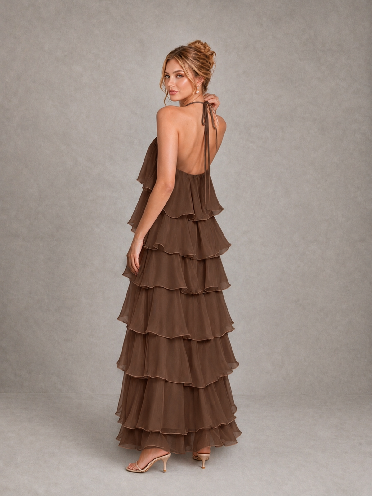 BOLODOO Brown Halter Tiered Ruffle Maxi Bridesmaid Dress - Brown - Brown_2