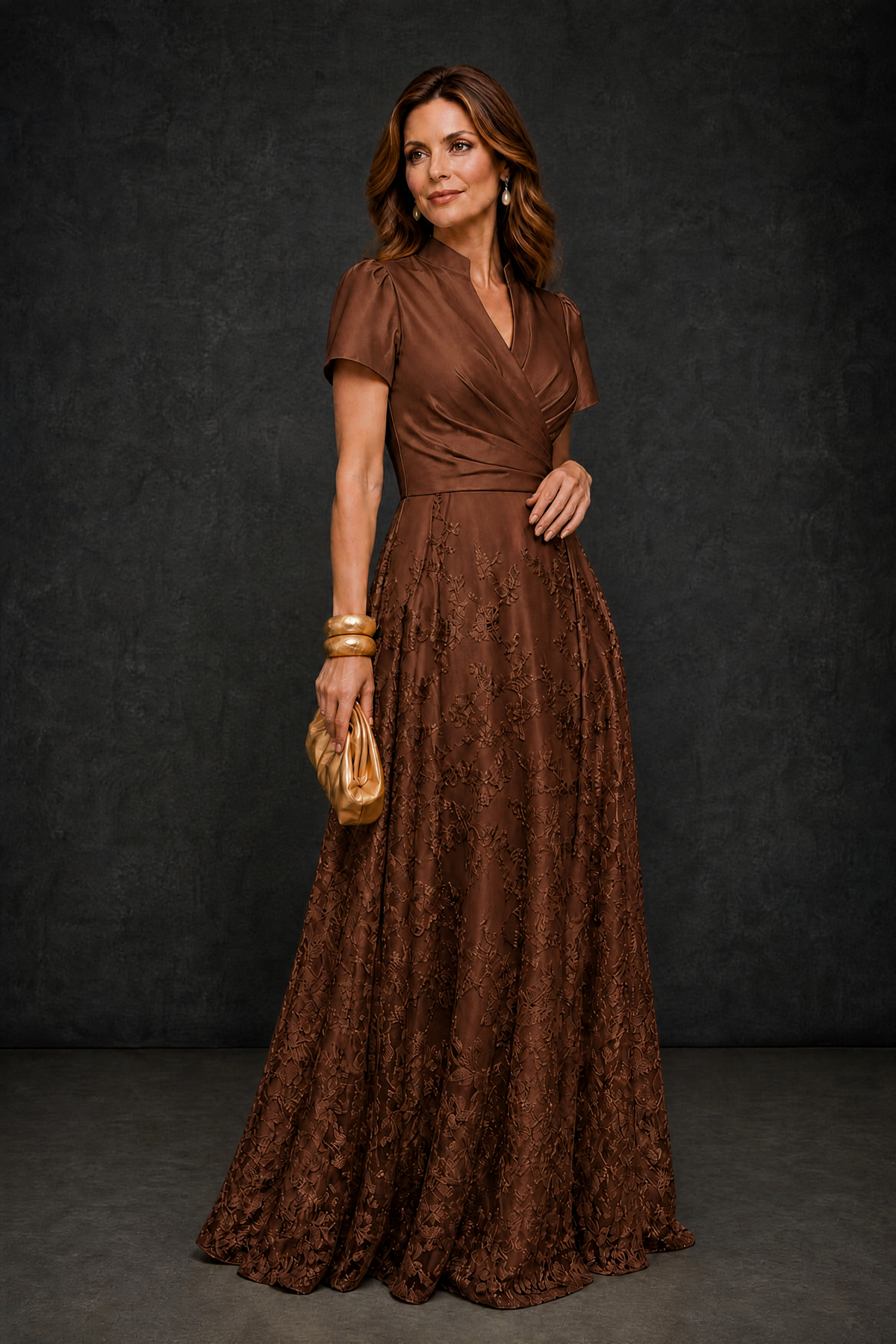 BOLODOO Brown Satin Wrap V-Neck Short Sleeve Lace Glitter A-Line Floor Length Evening Gown – Formal Dress - Brown