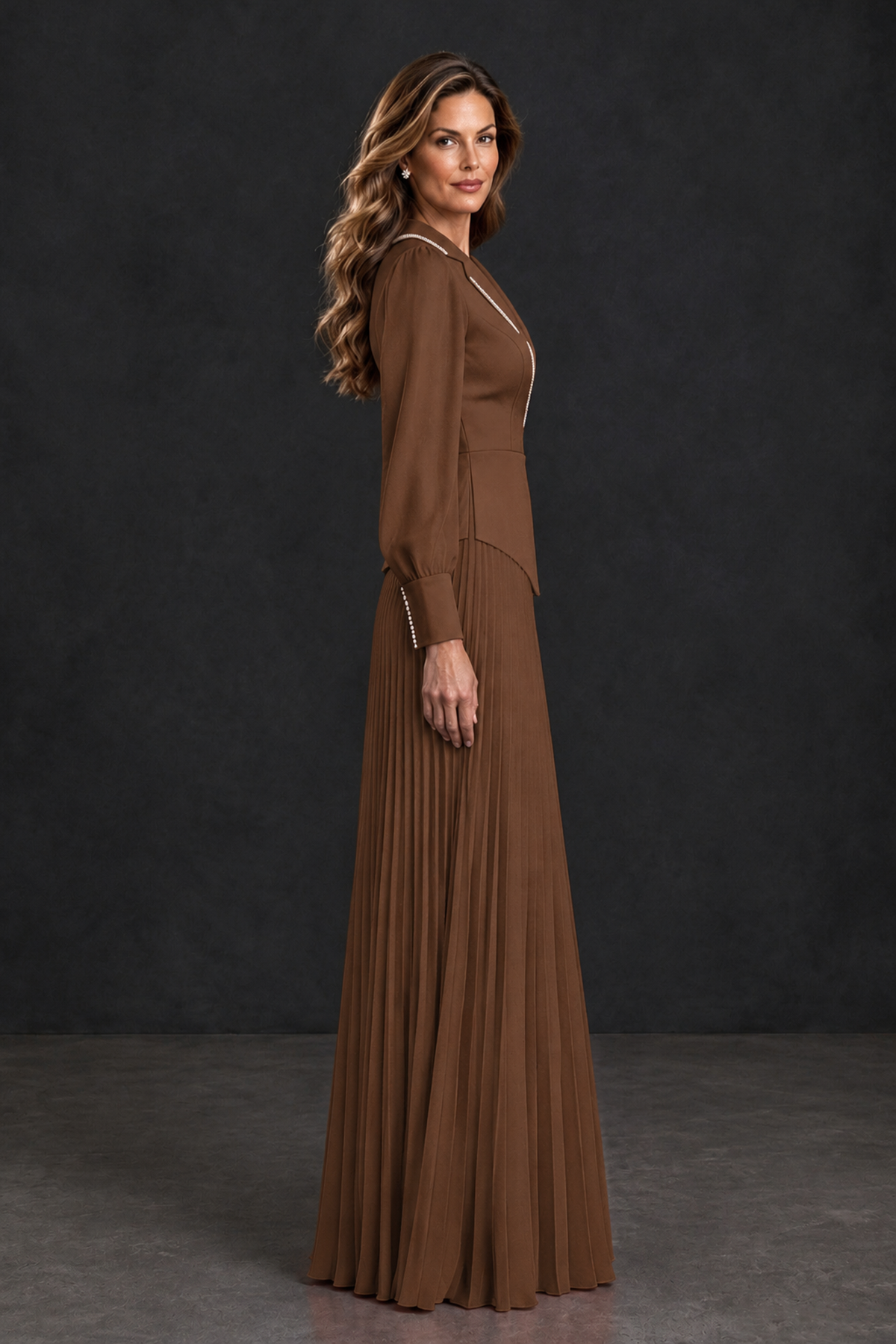 BOLODOO Brown Long Sleeve Pleated Mother of the Bride Dress - Brown - Brown_3