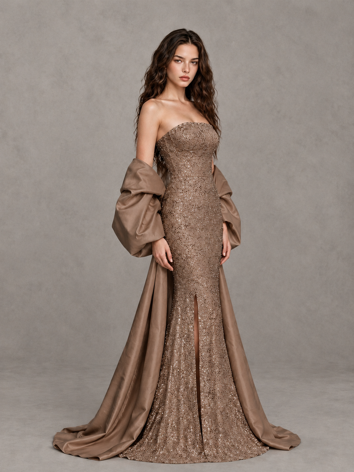 BOLODOO Brown Strapless Sparkle Mermaid Prom Dress with Front Slit and Draped Sleeves - Brown - Brown_3